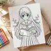 Line Drawing Of An Anime Girl In A School Uniform Holding A Book That Says Knowledge Is Power.