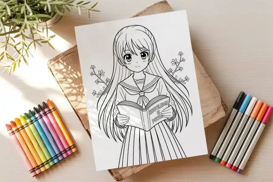 Line Drawing Of An Anime Girl In A School Uniform Holding A Book That Says Knowledge Is Power.