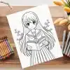 Coloring Page Of An Anime Girl In A School Uniform Holding A Book That Says Knowledge Is Power.