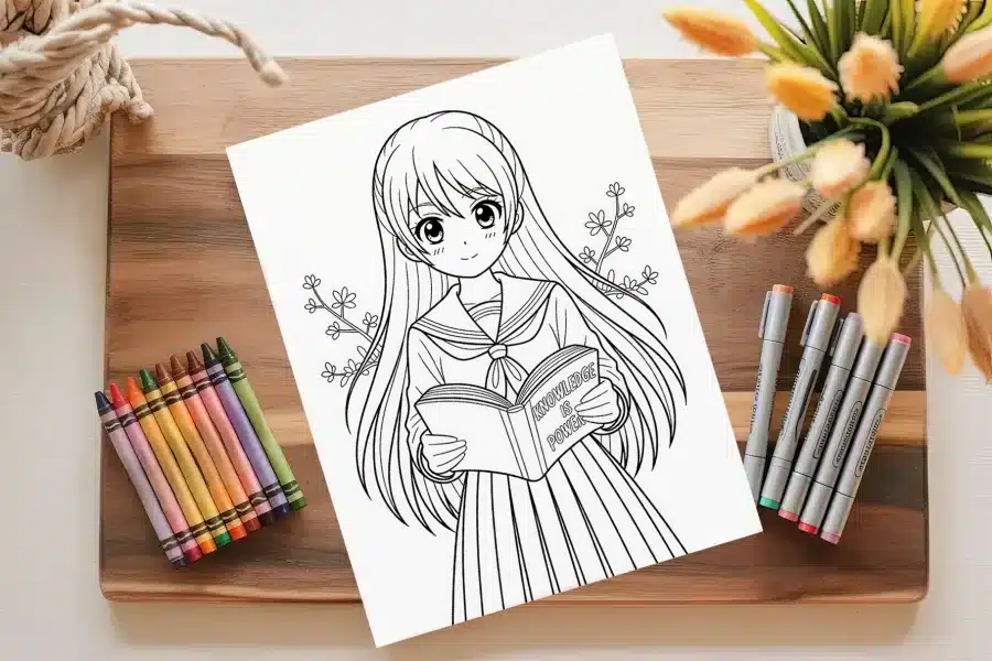 Coloring Page Of An Anime Girl In A School Uniform Holding A Book That Says Knowledge Is Power.