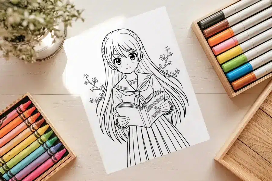 Anime Girl Knowledge is Power Coloring Page - free printable 8.5x11 inch anime girl reading book
