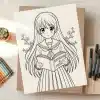 Line Drawing Of An Anime Schoolgirl Holding A Book That Says Knowledge Is Power.