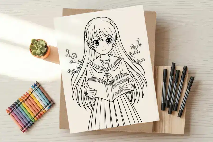 Line drawing of an anime schoolgirl holding a book that says Knowledge is Power.