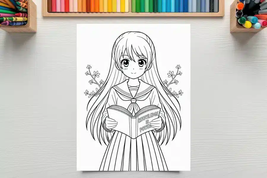 Line Drawing Of An Anime Schoolgirl Holding A Book That Says Knowledge Is Power.