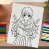 Line Art Coloring Page Of An Anime Schoolgirl Holding A Book That Says Knowledge Is Power.
