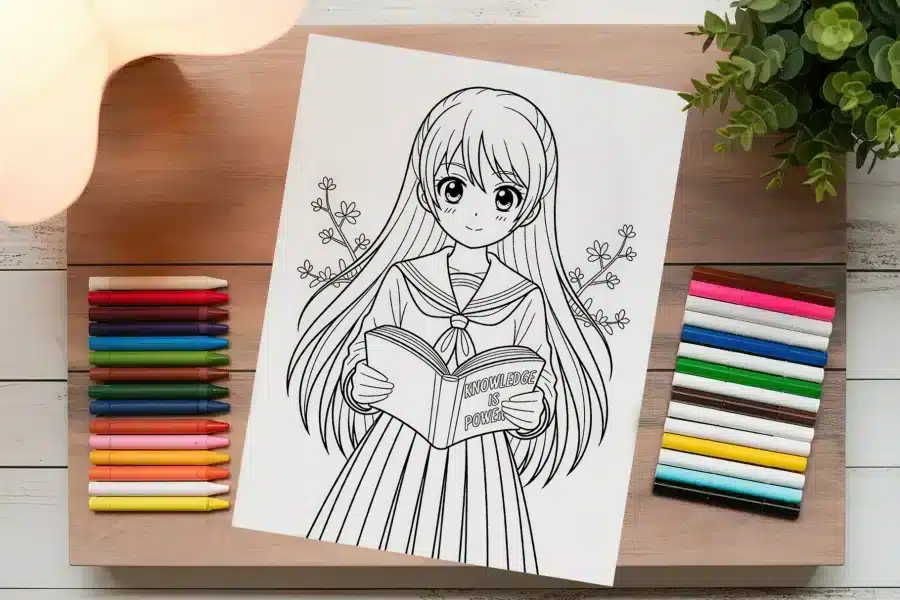 Line Art Coloring Page Of An Anime Schoolgirl Holding A Book That Says Knowledge Is Power.