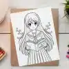 Line Drawing Of An Anime Girl In A School Uniform Holding A Book That Says Knowledge Is Power.