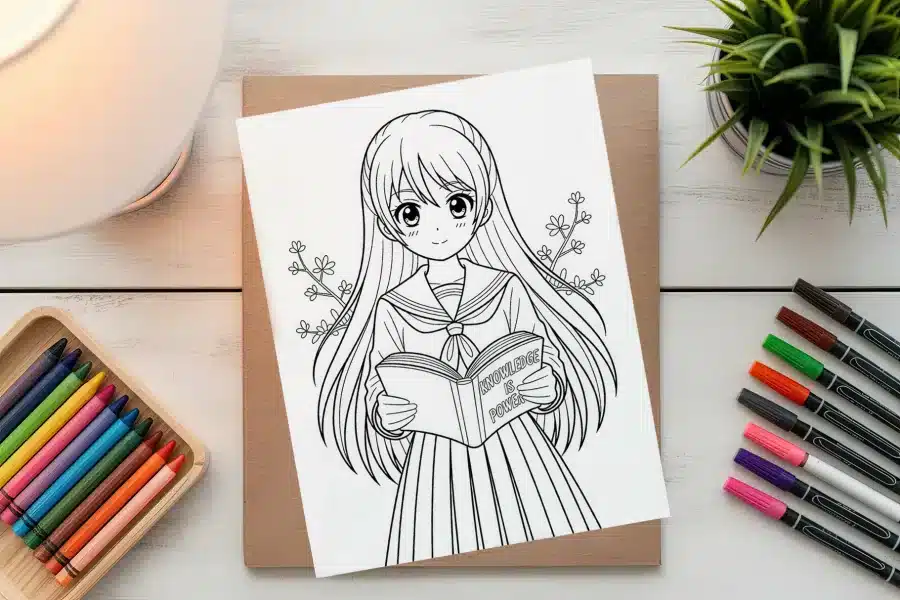 Line Drawing Of An Anime Girl In A School Uniform Holding A Book That Says Knowledge Is Power.