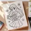 Line Drawing Of An Anime Girl In A School Uniform Reading A Book.