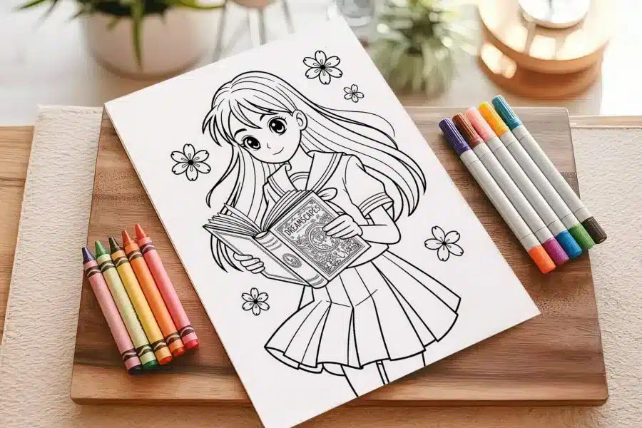 Line Drawing Of A Schoolgirl In A Pleated Skirt Holding A Book.