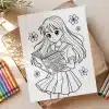 Line Art Drawing Of An Anime Schoolgirl Reading A Book.