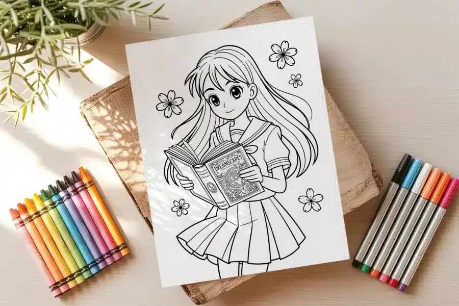 Line Art Drawing Of An Anime Schoolgirl Reading A Book.