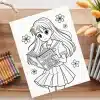 Line Drawing Of A Girl In A School Uniform Reading A Book.