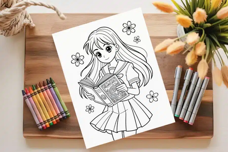 Line Drawing Of A Girl In A School Uniform Reading A Book.