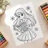 Anime Girl Reading Dreamscapes Coloring Page - Free Printable 8.5X11 Inch Anime Girl With Book And Flowers