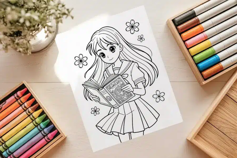 Anime Girl Reading Dreamscapes Coloring Page - free printable 8.5x11 inch anime girl with book and flowers
