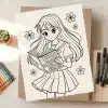 Line Drawing Of An Anime Girl In A School Uniform Reading A Book.