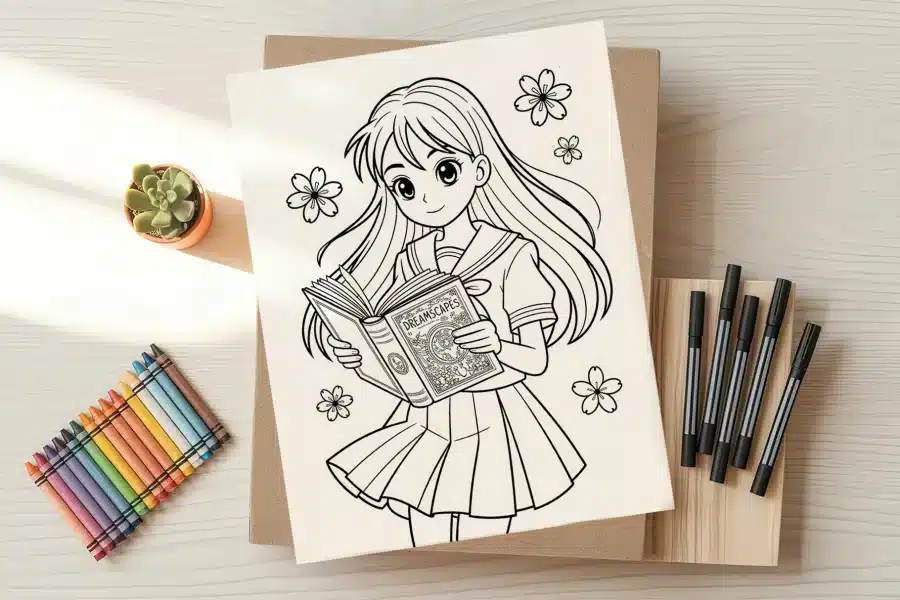 Line drawing of an anime girl in a school uniform reading a book.