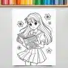 Line Drawing Of An Anime Girl In A School Uniform Reading A Book.
