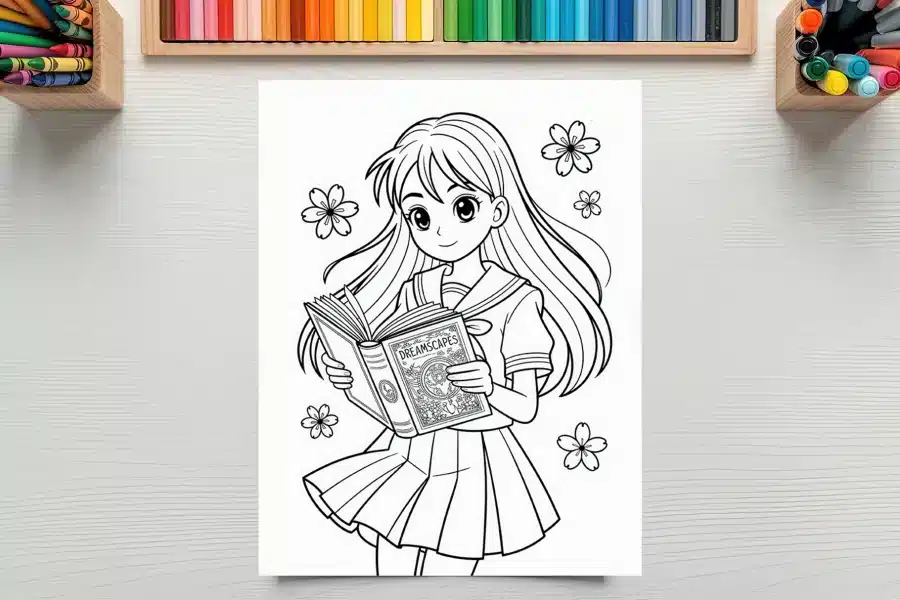 Line Drawing Of An Anime Girl In A School Uniform Reading A Book.