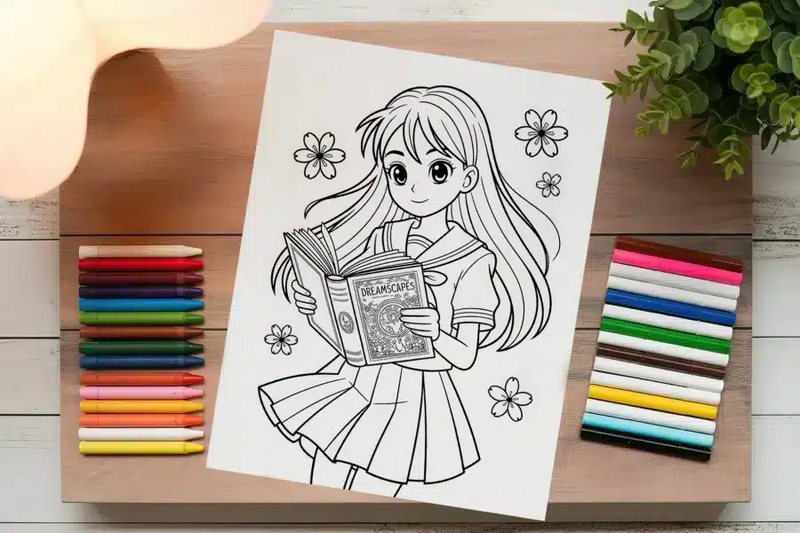 Line Drawing Of An Anime-Style Girl In A School Uniform Reading A Book Titled Dreamscapes.