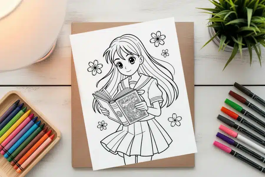 Line Drawing Of A Girl With Long Hair In A School Uniform Reading A Book.