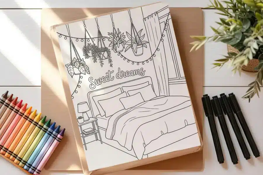 Coloring Page Depicting A Bedroom With A Bed, Nightstand, Hanging Plants, And String Lights.  The Words Sweet Dreams Are Above The Bed.