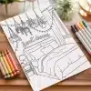 A Coloring Page Depicting A Bedroom With A Bed, Nightstand, Hanging Plants, And String Lights.  The Words Sweet Dreams Are Included.