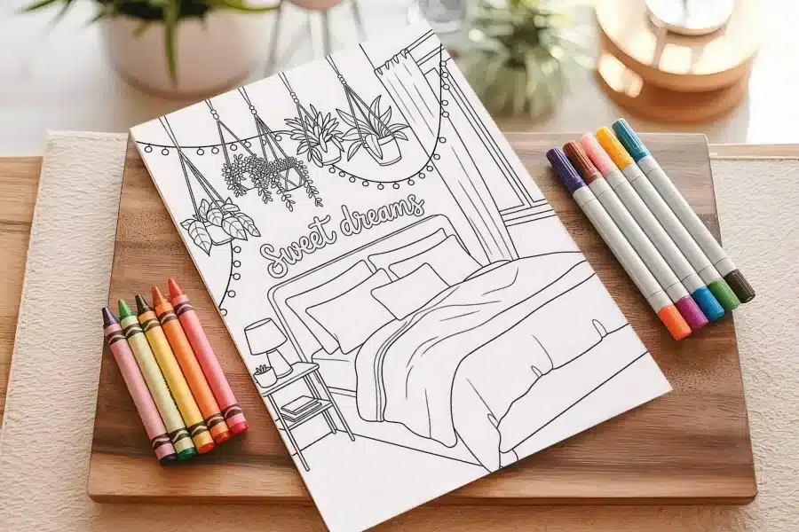 A Coloring Page Depicting A Bedroom With A Bed, Nightstand, Hanging Plants, And String Lights.  The Words Sweet Dreams Are Included.