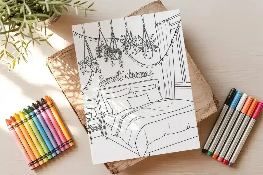 Coloring Page Depicting A Bedroom With A Bed, Bedside Table, Hanging Plants, And String Lights; The Words Sweet Dreams Are Written Above The Bed.