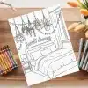 A Coloring Page Depicting A Bedroom Scene With A Bed, Nightstand, Hanging Plants, And String Lights.  The Words Sweet Dreams Are Included In The Design.