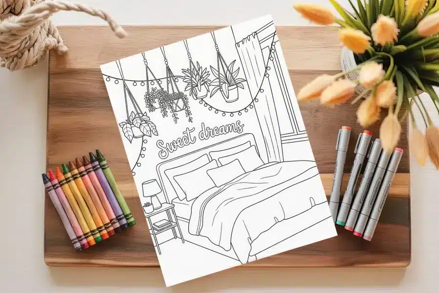 A Coloring Page Depicting A Bedroom Scene With A Bed, Nightstand, Hanging Plants, And String Lights.  The Words Sweet Dreams Are Included In The Design.