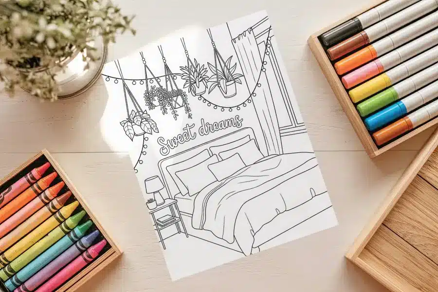 Boho Bedroom Sweet Dreams Coloring Page - free printable aesthetic adult coloring sheet with hanging plants
