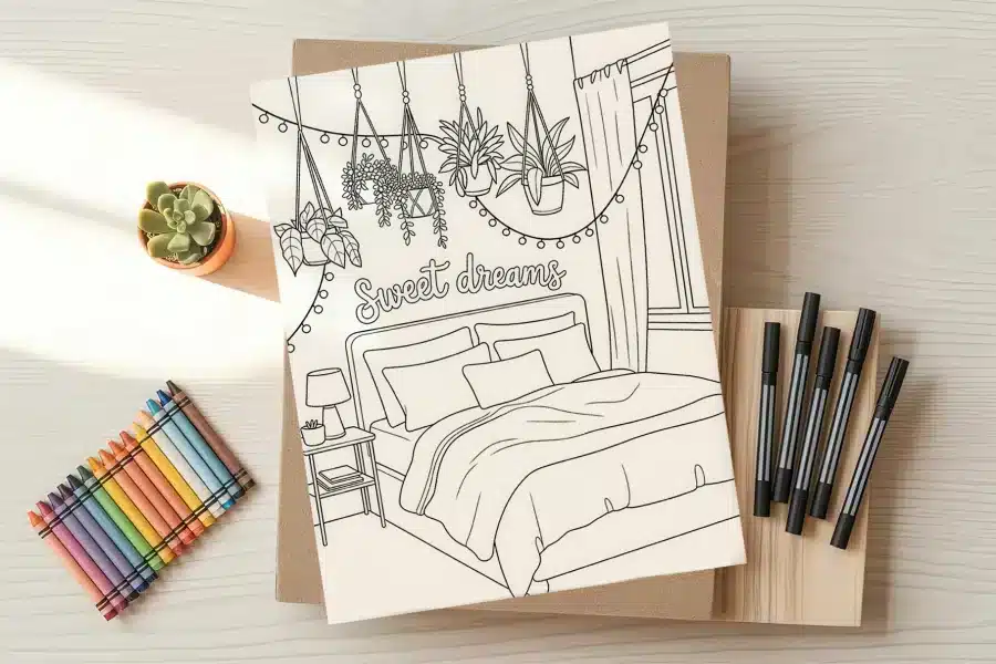 A coloring page depicting a bedroom with a bed, nightstand, and hanging plants; the words Sweet Dreams are above the bed.