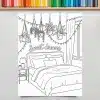 Line Drawing Of A Bedroom With A Bed, Nightstand, And Hanging Plants Above The Bed; The Words Sweet Dreams Are Written Above The Bed.