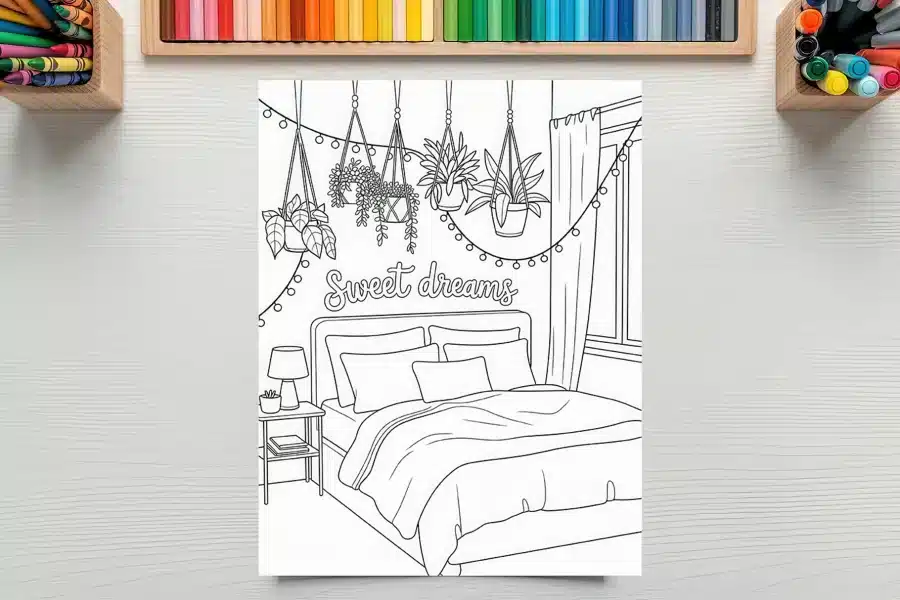 Line Drawing Of A Bedroom With A Bed, Nightstand, And Hanging Plants Above The Bed; The Words Sweet Dreams Are Written Above The Bed.