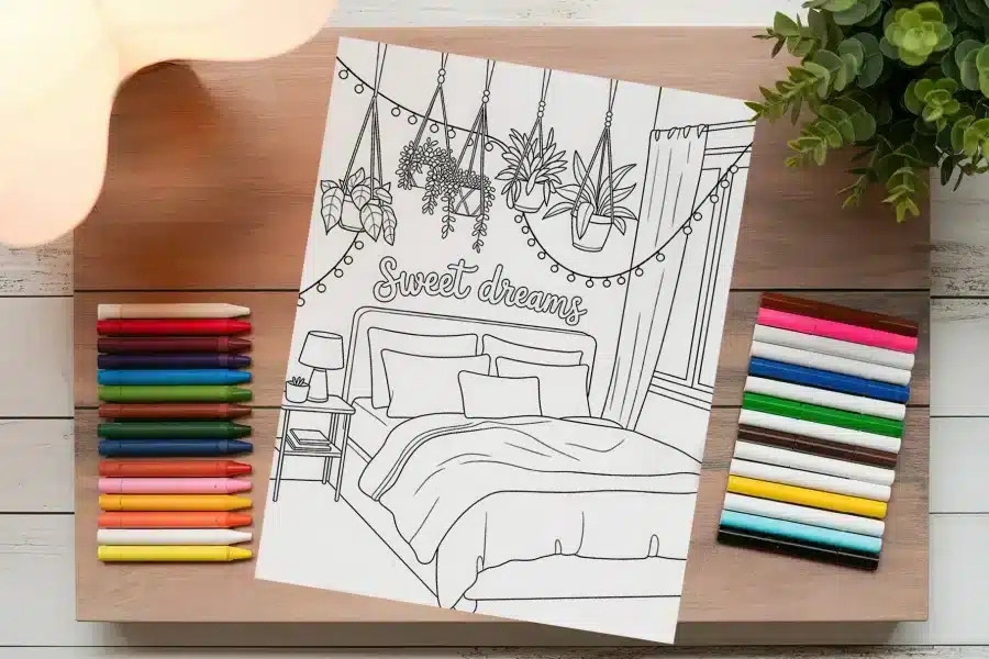Coloring Page Depicting A Bedroom With A Bed, Nightstand, Hanging Plants, And String Lights; The Words Sweet Dreams Are Above The Bed.