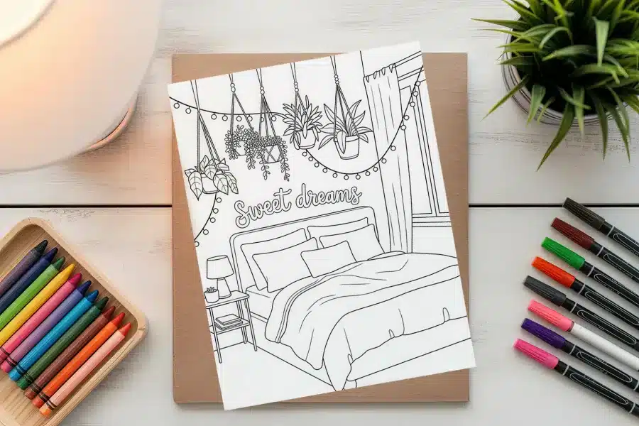 Coloring Page Depicting A Bedroom With A Bed, Nightstand, And Hanging Plants, With The Words Sweet Dreams Above The Bed.