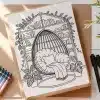 Line Drawing Of A Hanging Chair In A Cozy Reading Nook With Bookshelves And Plants.