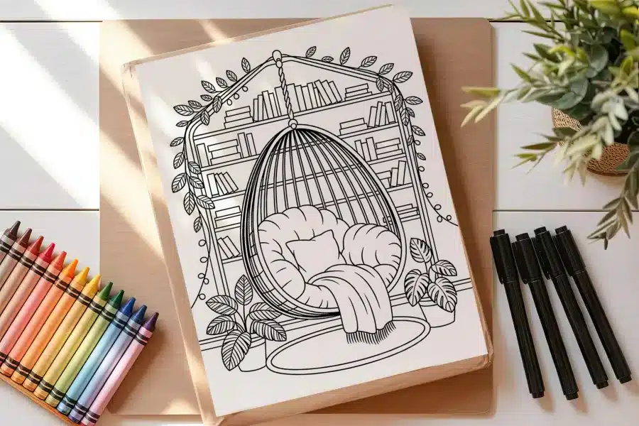 Line Drawing Of A Hanging Chair In A Cozy Reading Nook With Bookshelves And Plants.