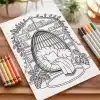 Coloring Page Depicting A Hanging Chair In A Cozy Bookshelf Nook.