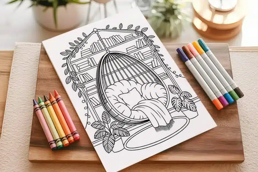 Coloring Page Depicting A Hanging Chair In A Cozy Bookshelf Nook.