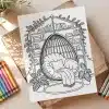 Line Art Coloring Page Depicting A Hanging Chair In A Cozy Reading Nook With Bookshelves And Plants.