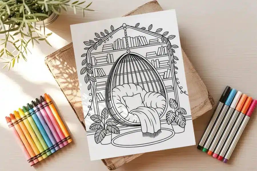 Line Art Coloring Page Depicting A Hanging Chair In A Cozy Reading Nook With Bookshelves And Plants.
