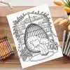 Line Art Coloring Page Depicting A Hanging Chair Nestled In A Bookshelf Alcove Adorned With Plants.