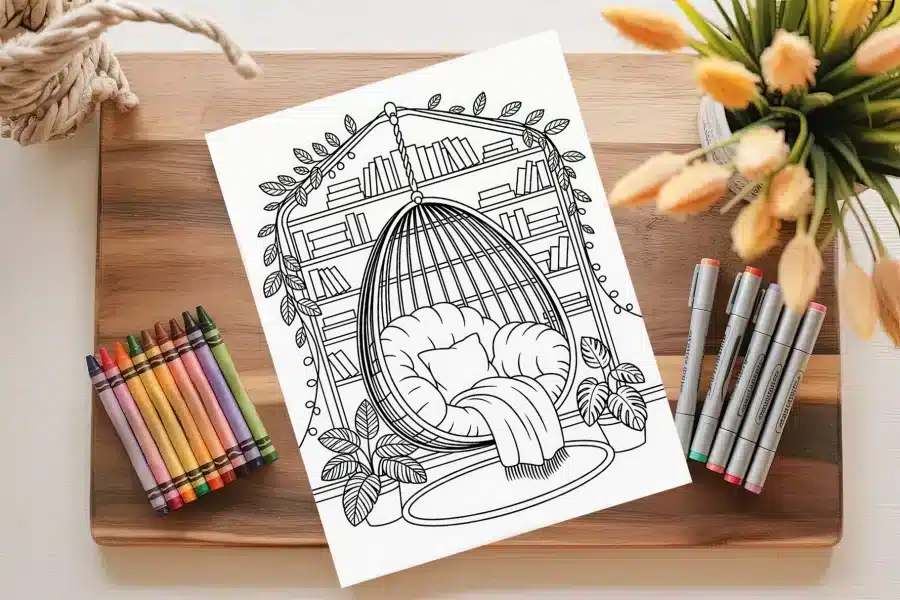 Line Art Coloring Page Depicting A Hanging Chair Nestled In A Bookshelf Alcove Adorned With Plants.