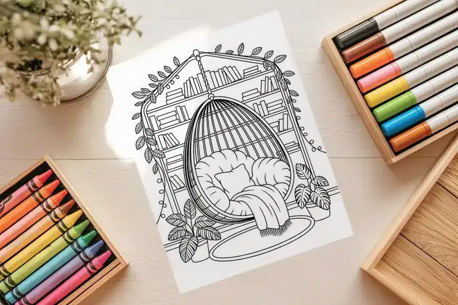 Boho Reading Corner Coloring Page - Free Printable Aesthetic Adult Coloring Sheet With Hanging Chair And Bookshelf