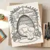 Line Drawing Of A Hanging Chair In A Cozy Reading Nook With Bookshelves And Plants.