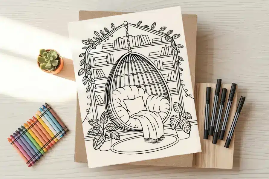 Line Drawing Of A Hanging Chair In A Cozy Reading Nook With Bookshelves And Plants.