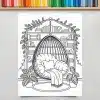 Line Drawing Of A Hanging Chair In A Cozy Reading Nook With A Bookshelf And Plants.